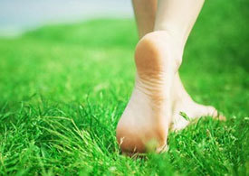 Cos pés descalzos na herba